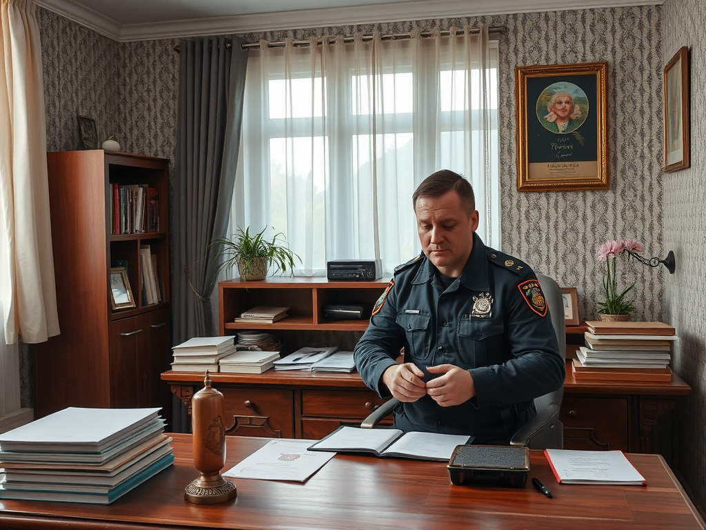 Полицейский сидит за столом в кабинете, просматривая бумаги с растением на подоконнике. 
